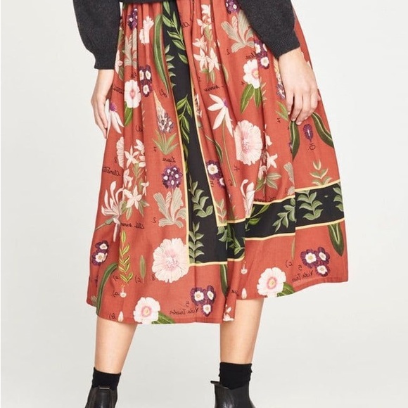 Rare - thought - Midi Skirt - Rust & Black with florals and herbs - UK 10 - US 6 - Picture 2 of 13